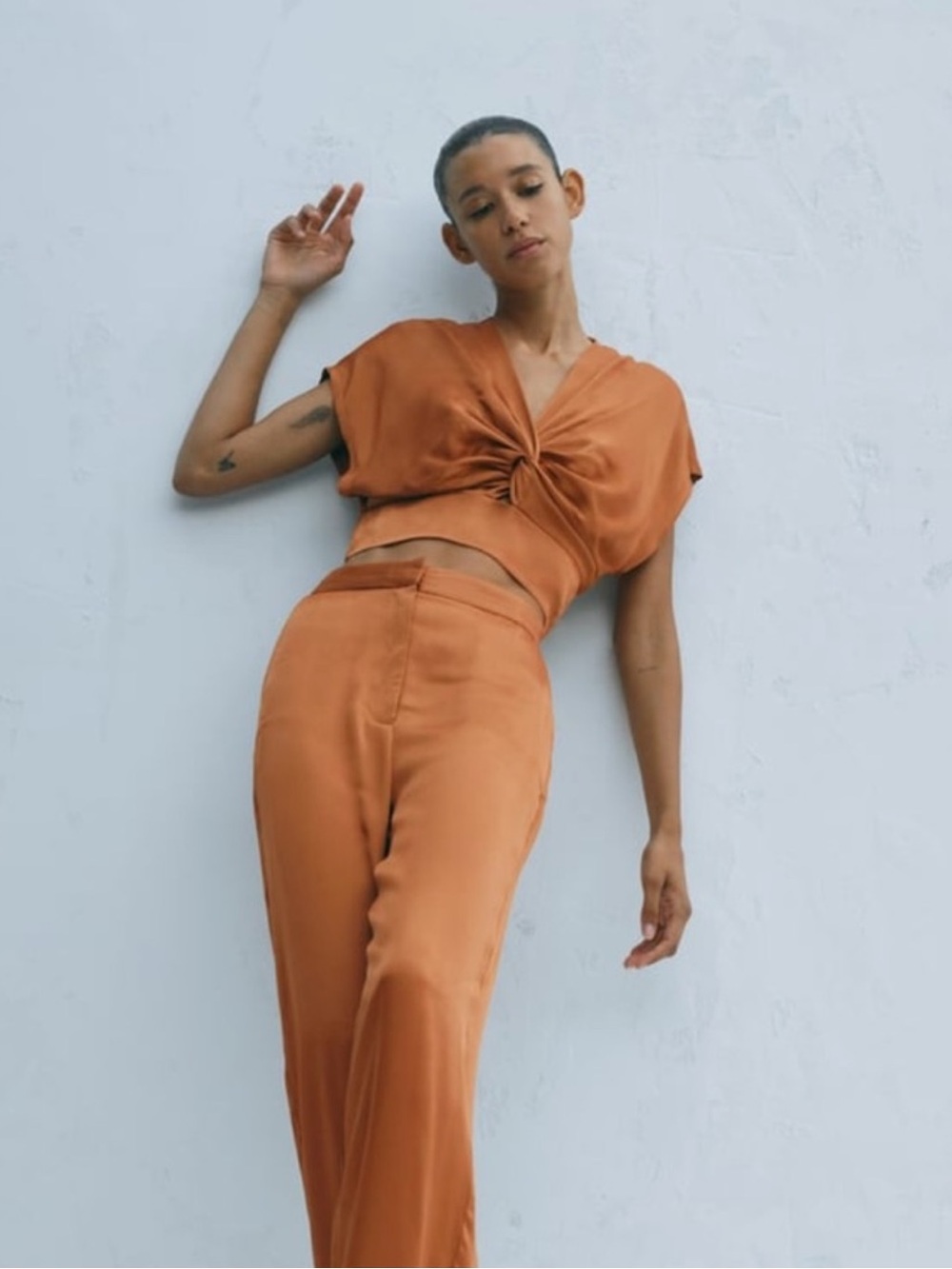 Zara Women's Twisted Crop Top & Wide-Leg Pants Set - Rust